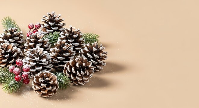 Festive christmas background with snowcovered pine cones and red berries on beige, creating a cozy and natural holiday atmosphere
