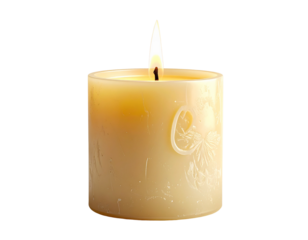Close-up of a single lit candle with a soft yellow flame isolate on transparent backg