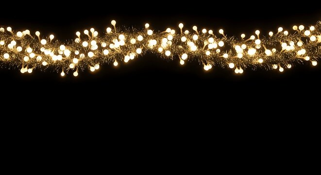 String of warm fairy lights glowing against a black background, creating a magical and enchanting atmosphere for festive decorations