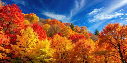 A vibrant and colorful forest with golden hues and red maple leaves against a blue sky on a crisp autumn day