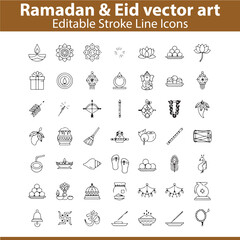 Ramadan and Eid Vector Set 1 – Islamic Festival Illustrations of Lanterns, Crescent Moon, Mosque, and Fanoos Icons
