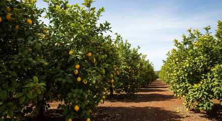 A sunny day in a lemon grove with rows of lemon trees
