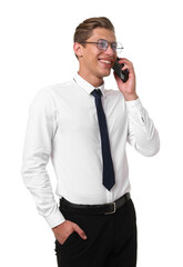 Naklejka premium Portrait of happy businessman talking on phone on white background