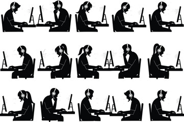Remote work silhouette, desk job vector, headphone user icon, online communication, digital workspace, repetitive lifestyle, modern office, tech illustration grid