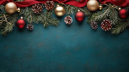 Festive Flat Lay with Pine Branches and Christmas Ornaments