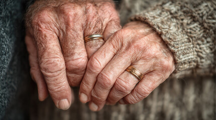 close-up of elderly couple holding hands with wrinkled skin and wedding rings, symbol of love, care, marriage, togetherness and emotional family connection concept