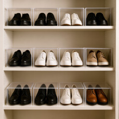 Closet shelves with pairs of shoes arranged in neat rows