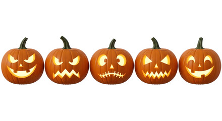 Five carved jackolanterns with glowing faces isolated on transparent background