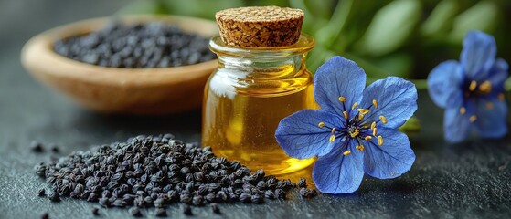 Black Cumin Seeds and Oil with Flower