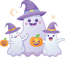 Cute halloween ghosts family isolated on white background adorable cartoon characters in witch hats holding pumpkins, perfect for holiday designs