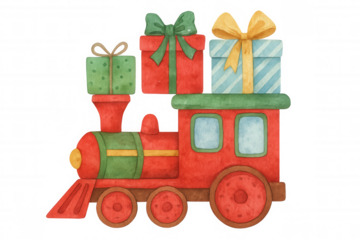 Christmas train carrying festive gift boxes, watercolor illustration for holiday season greetings