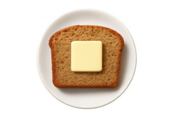 Toast with butter on a plate, isolated against transparent background, top view