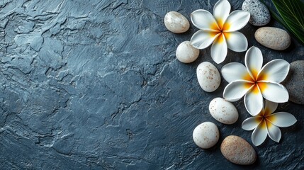 Minimalist Spa Background with Flowers and Stones Arrangement