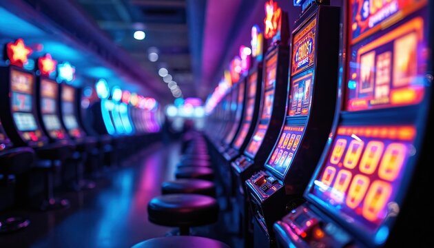 Row of brightly lit slot machines in dimly lit casino. Colourful glowing neon lights reflect on dark carpet. Excitement, thrill of jackpot, gamble, succeed, lose money. Las Vegas entertainment,
