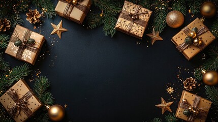 Elegant Christmas Gift Boxes with Golden Decor Frame Dark Background