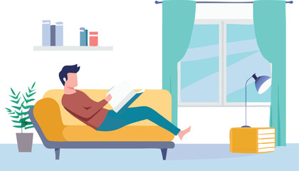 Obraz premium Man reading a book on a sofa in a cozy living room, depicted in a flat vector illustration style.