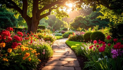 Sunny garden path, vibrant flowers