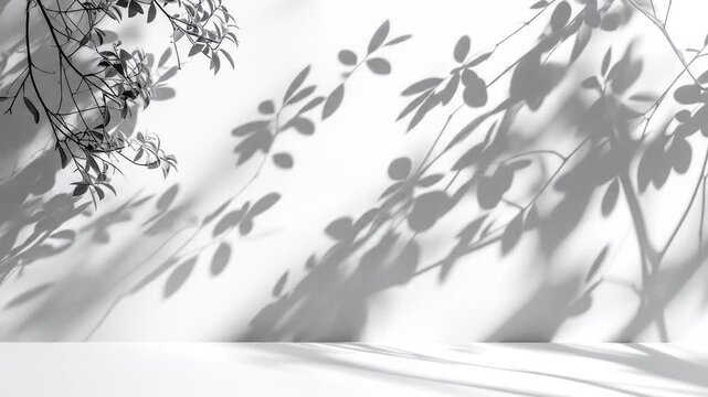 Delicate shadows of leaves fall across a white wall and foreground