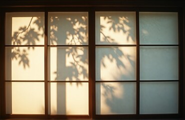 Traditional Japanese shoji window with organic shadows from tree branches cast across paper panels. Wooden frame surrounds translucent screens, creating atmospheric interior lighting. Offers serene,