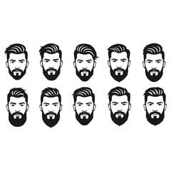 Beard styles collection, various haircuts and facial hair, vector illustration.