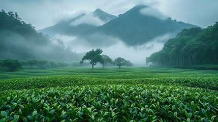 Explore the serene beauty of a tea plantation nestled in misty mountains and lush greenery