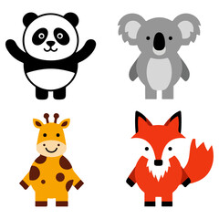 Fototapeta premium Cute Cartoon Animals - Panda, Koala, Giraffe, and Fox.