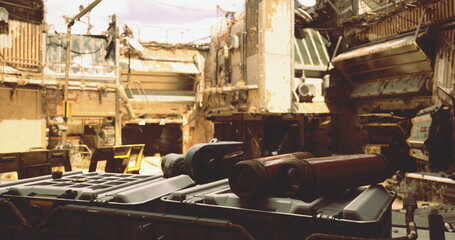 An abandoned industrial location showcases worn machinery and debris. Rusted containers and remnants hint at a once busy environment, under a dusty, muted sky.