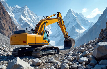 Heavy duty excavator works on rocky mountain terrain. Snow-capped peaks form background, hinting at harsh conditions. Powerful construction machinery digs, shovels, essential for mining, excavation