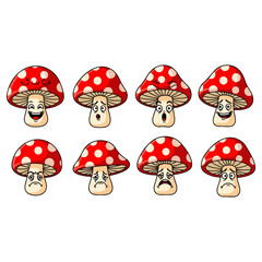 Eight cartoon mushrooms with different facial expressions.