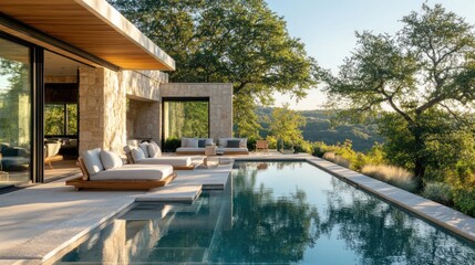 Fototapeta premium Modern luxury home exterior with pool and patio overlooking a scenic valley.