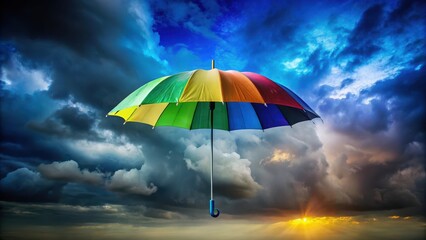 Colorful multicolored umbrella with multiple shades of blue and green hues on a dark sky background