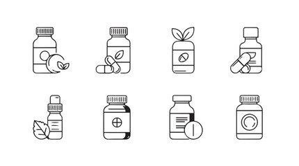 Collection of dietary supplements and natural health products in various bottles and containers silhouette