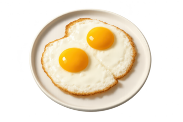 Two fried eggs on plate isolated on transparent background, breakfast idea