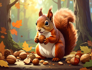 Cute cartoon squirrel holding nuts illustration