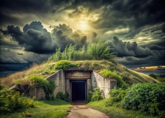 Secluded underground shelter amidst overgrown vegetation and a dismal cloudy sky