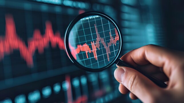 Close-up of a hand holding a magnifying glass over a specific graph section on a monitor, deep dive into data 