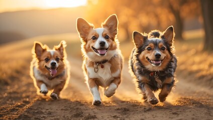 Happy Corgis Running Outdoors at Sunset.