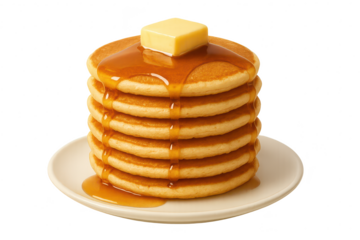 Stack of pancakes with butter and maple syrup, isolated on transparent background