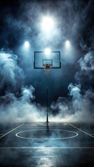 Dimly lit basketball court with flickering fluorescent lights amidst a thick haze of eerie smoke