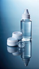 Two contact lenses with reflections on a lens cleaning solution bottle