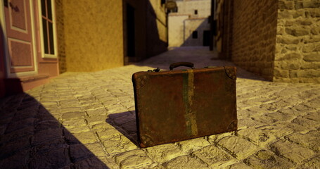A weathered suitcase rests on a cobblestone street in an ancient town. Sunlight casts warm tones on the textured stone, evoking a sense of nostalgia and adventure.