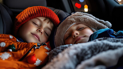 children sleeping in backseat with holiday blankets during Christmas season road trip in car with soft light atmosphere