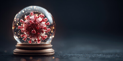 Vibrant red coronavirus particle trapped inside a clear snow globe, surrounded by festive bokeh on a dark background, symbolizing holiday season health awareness and protection