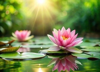 Pink lily pads with green background in sunlit wild