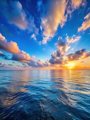 A serene ocean with a clear blue sky and white clouds drifting lazily across the horizon