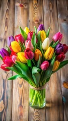 Vibrant tulips in a colorful bouquet arranged on a wooden table