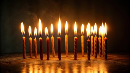 Softly glowing lit birthday candles in a darkened room with shadows on the walls