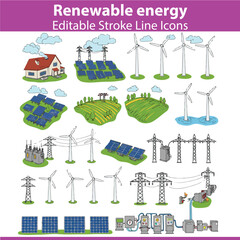 Renewable Energy Vector Illustration Set &ndash; Solar, Wind, Hydro, and Sustainable Power Icons
