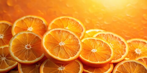 Fresh orange slices on a vibrant orange background with slight texture and natural light effects