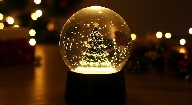 Captivating snow globe showcasing a miniature christmas tree surrounded by delicate snowflakes, creating a magical and festive atmosphere